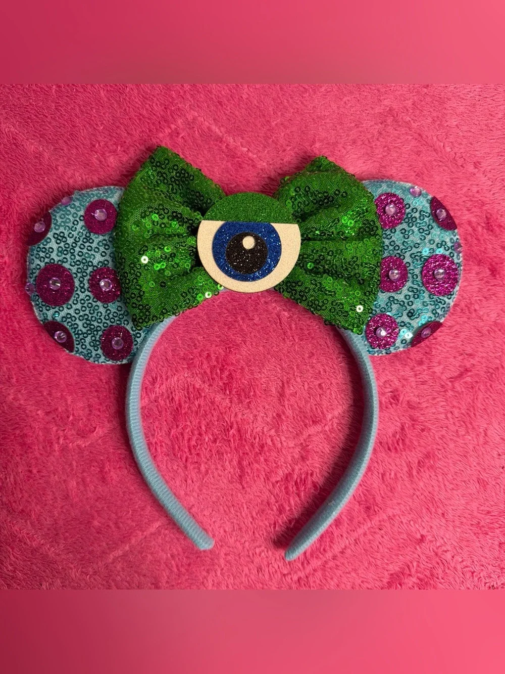 Disney Monster Inc. Green Sequin Bow Kids Headband with Blue Eye Accent